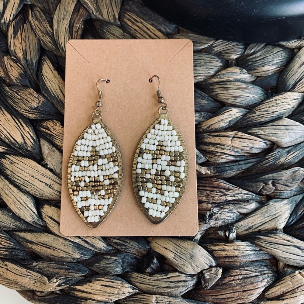 Gold and Cream Beaded Boho Dangle Earrings